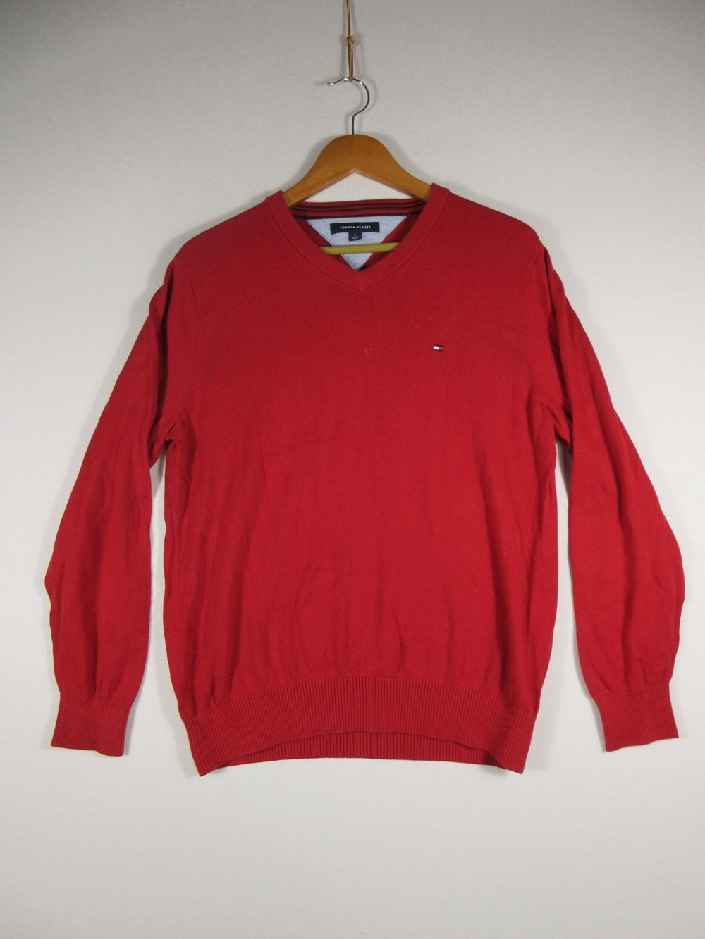 Tommy Hilfiger Mens Pullover V-Neck Sweater Logo Long Sleeve Size M Red
