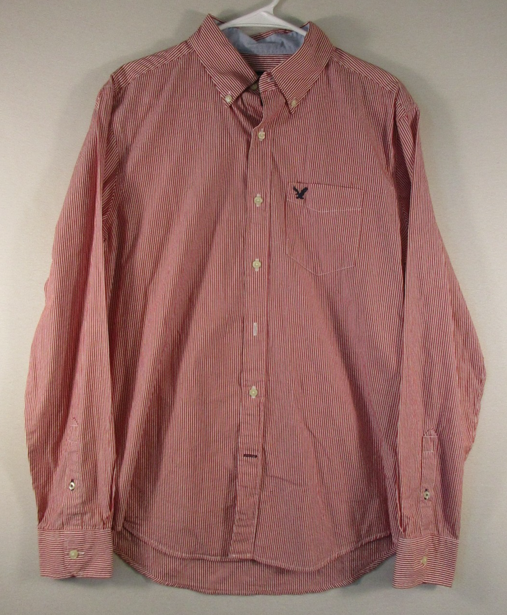 American Eagle Mens Striped Classic Fit Shirt Button-Up Long Sleeve Size M Red