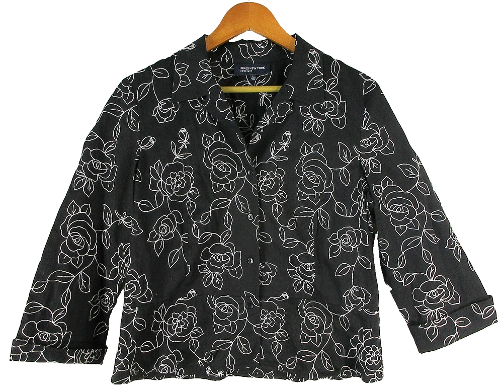 Jones New York Womens Button Front Embroidered Floral Blazer Size L Black