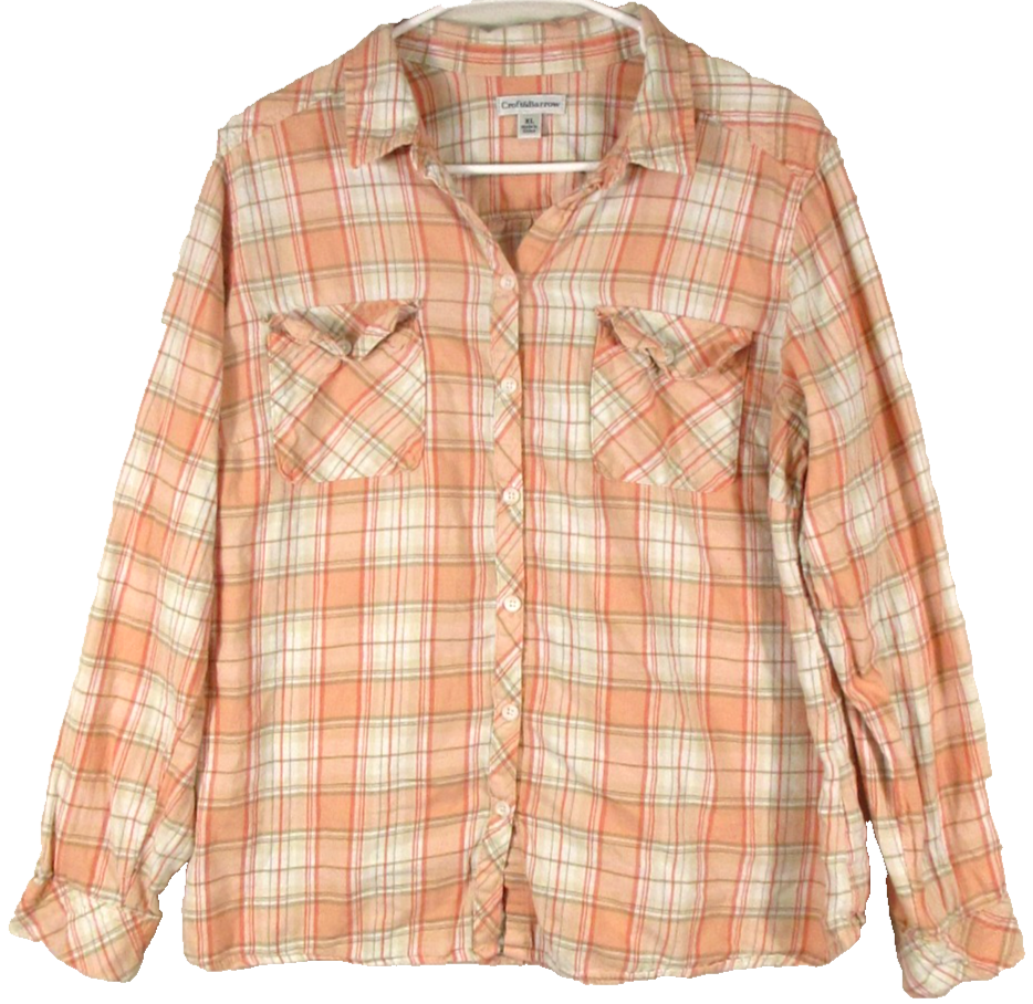 Croft & Barrow Womens Button-Up Plaid Shirt Long Sleeve Size XL White/Orange