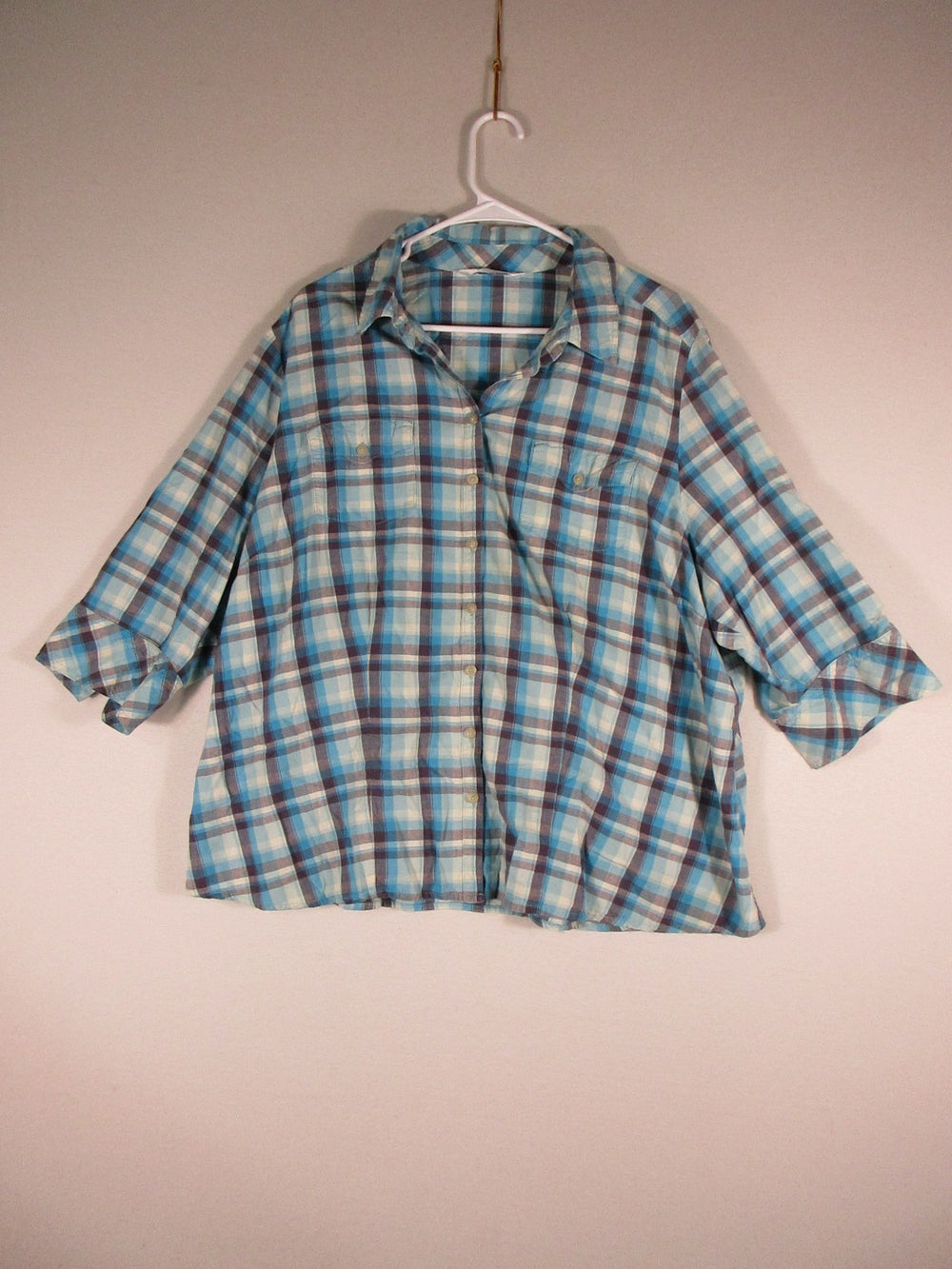 Riders By Lee Womens Plaid Button-Up Blouse 3/4 Sleeve Collared Size 2X Blue