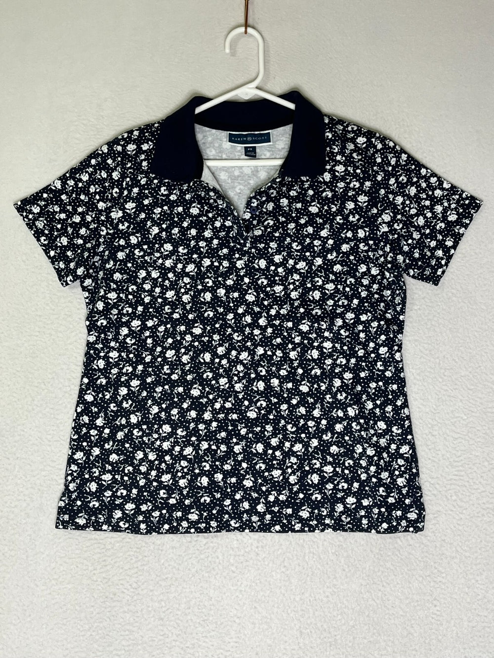 Karen Scott Blue White Floral Polo Shirt Top Short Sleeves Womens Size PS