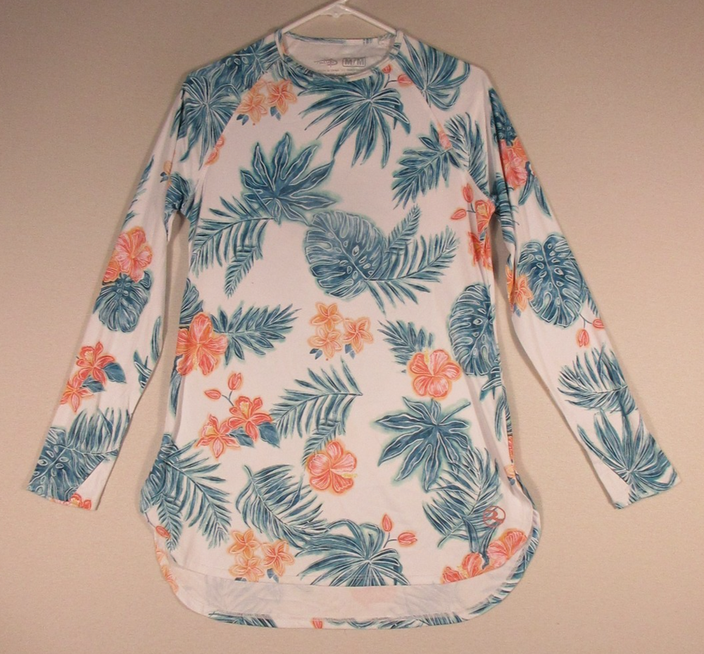 Reel Life Womens Floral Shirt Top Crew Neck Long Sleeve Size M Blue/White