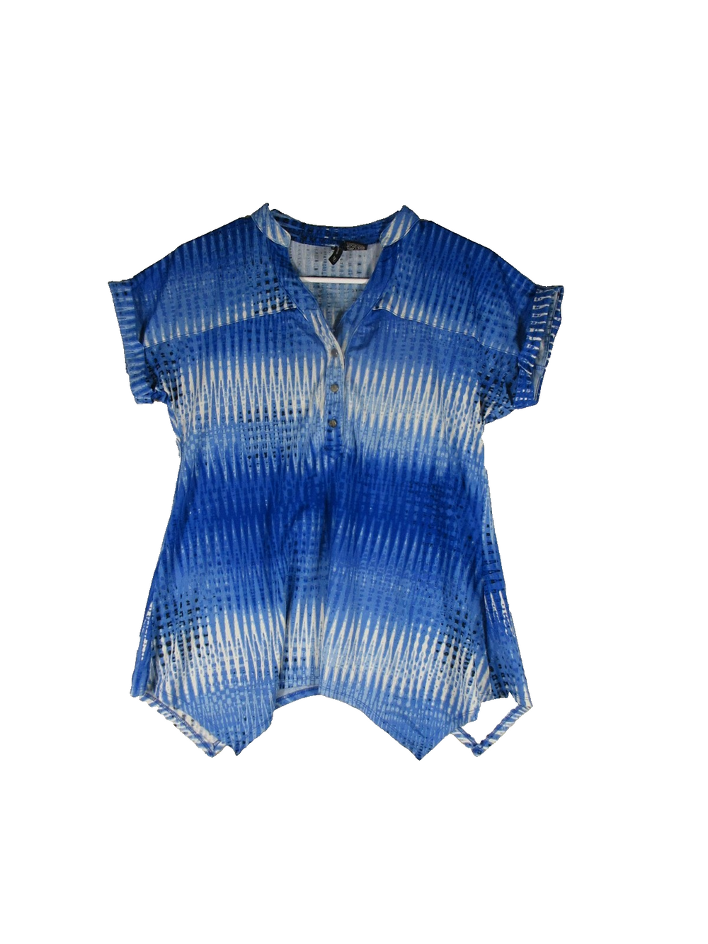 New Directions Womens Tie Die Button-Up Top V-Neck Short Sleeve Size S Blue