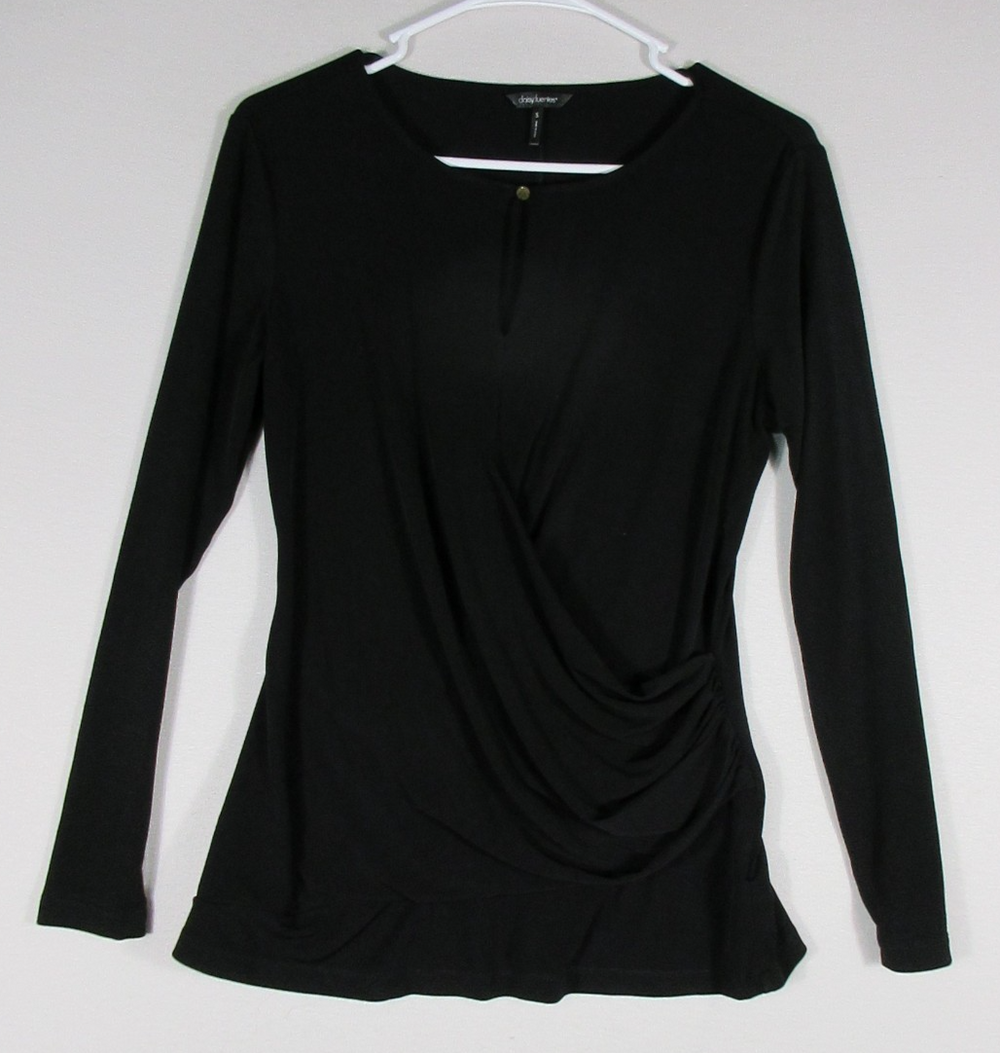Daisy Fuentes Womens Drape Front Top Blouse Crew Neck Long Sleeve Size S Black