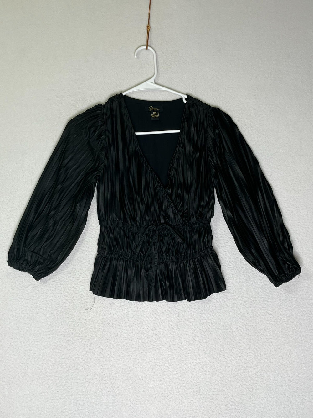 Japna Black Half Sleeve Silky Pleated Wrap Blouse Top Women's Size X-Small