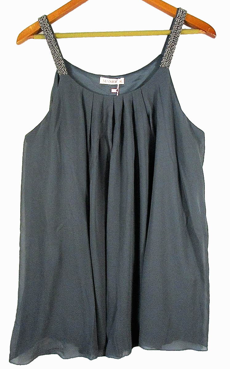 Maner Womens Round Neck Pleated Tank Top Beaded Strap Sleeveless Size XL Gray