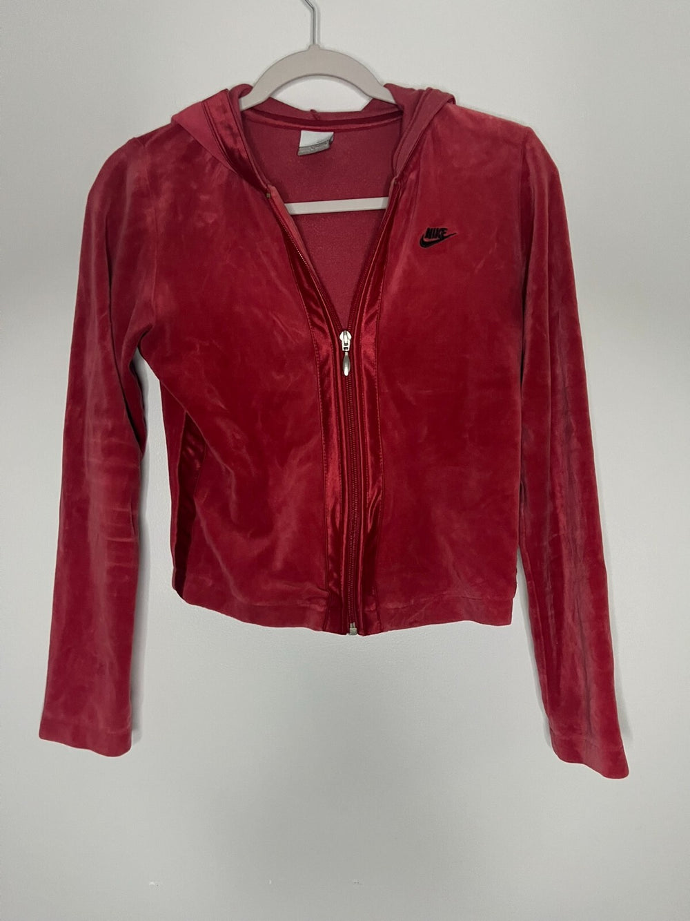 Vintage Nike Red Sport Scarlet Athletic Zip-Up Velour Hoodie Women's Size XS