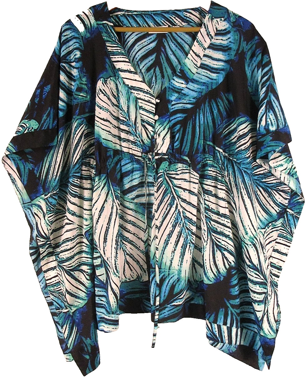 New York &Company Womens V-Neck Tropical Print Kaftan Top Short Sleeve Sz S Blue