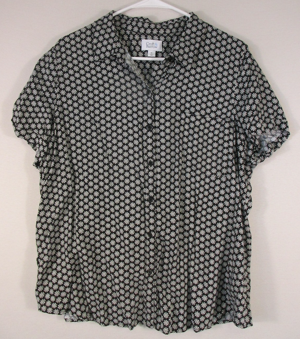 Croft & Barrow Womens Button Front Floral Blouse Short Sleeve Size XL Black