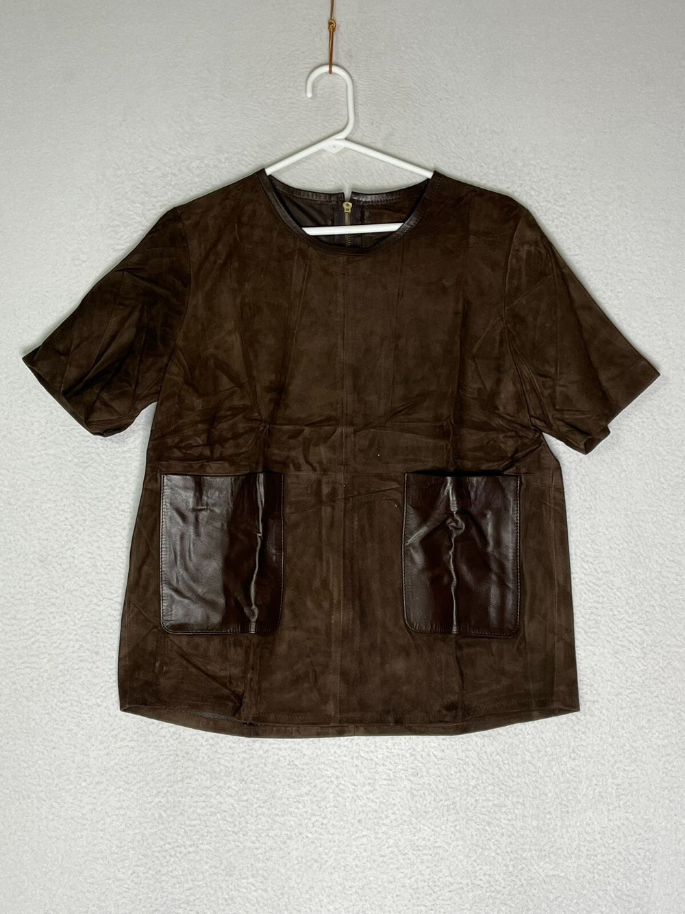 Ste Galerie Birkemeyer Brown Blouse Top Crew Neck Leather Pockets Womens Size 40