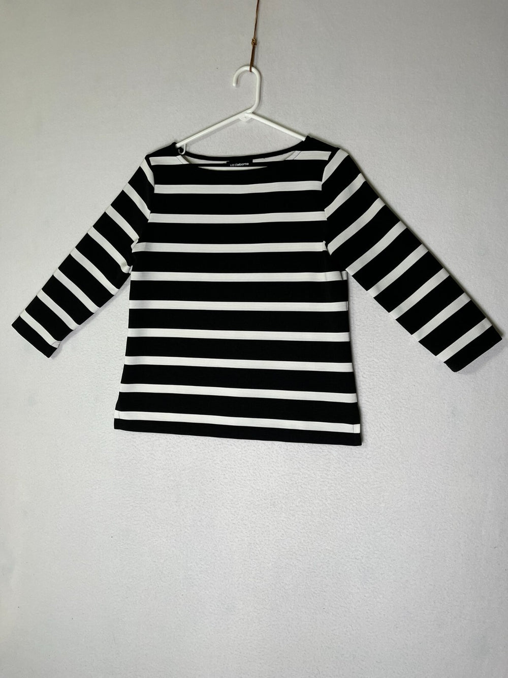 Liz Claiborne Career Black White Striped 3/4 Sleeve Blouse Top Womens Size Small
