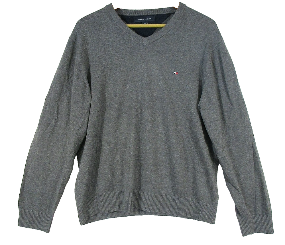 Tommy Hilfiger Mens Stretch V-Neck Knit Sweater Long Sleeve Size L Gray