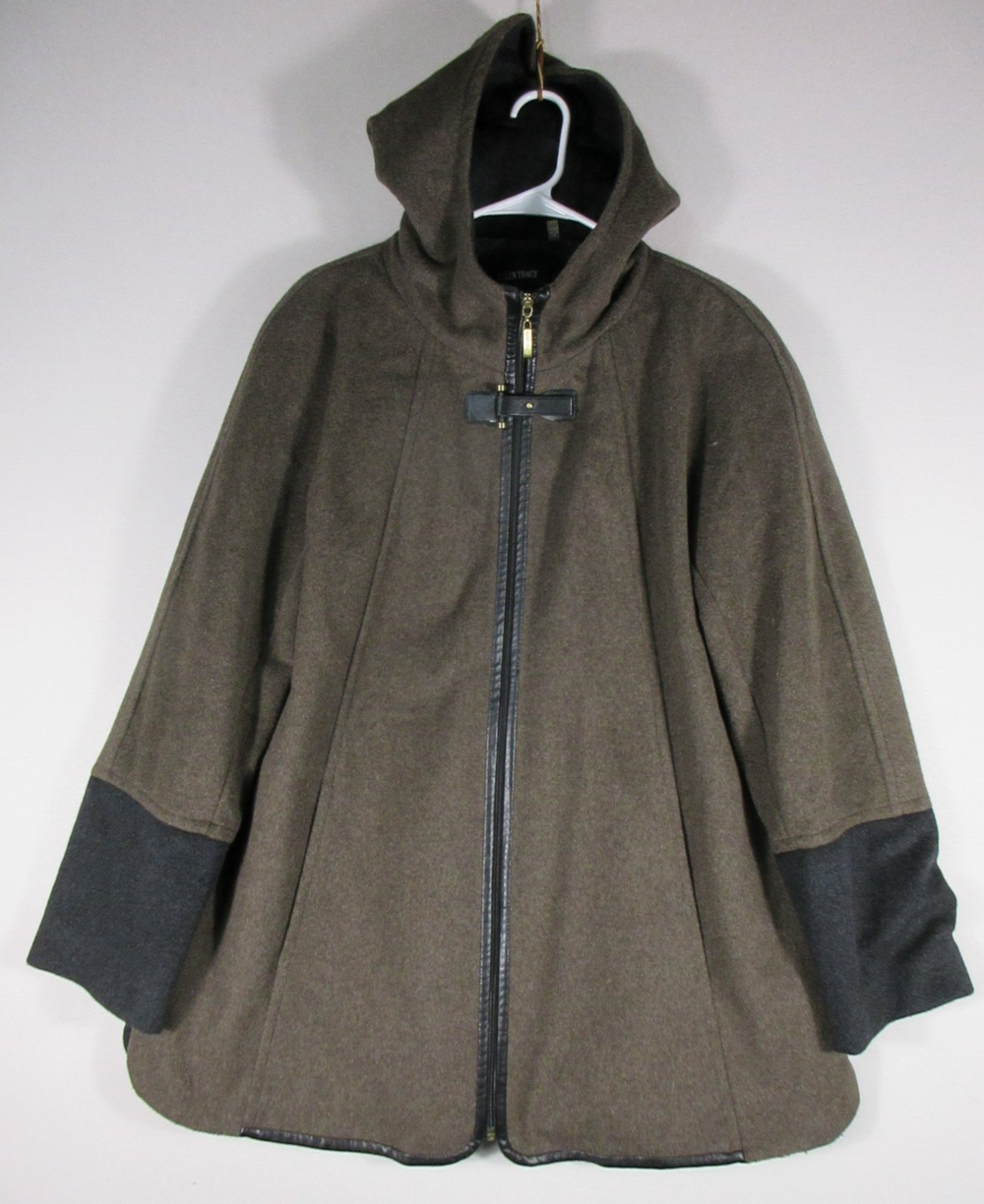 Ellen Tracy Womens Hooded Wool Blend Front Zip Coat Long Sleeve Size 14 Brown