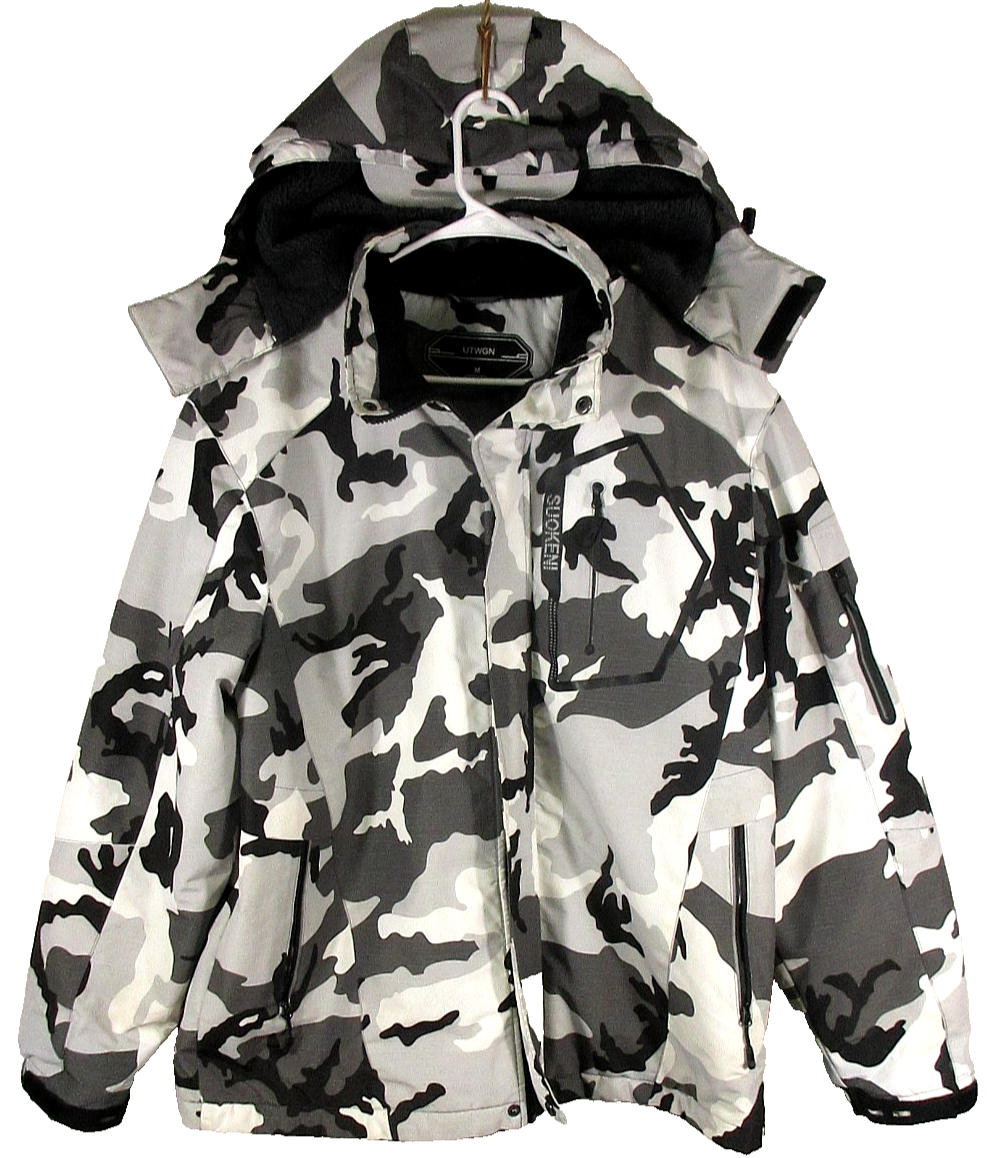 UTWGN Mens Pullover Hoodie Sweatshirt Camouflage Print Pockets Size M White
