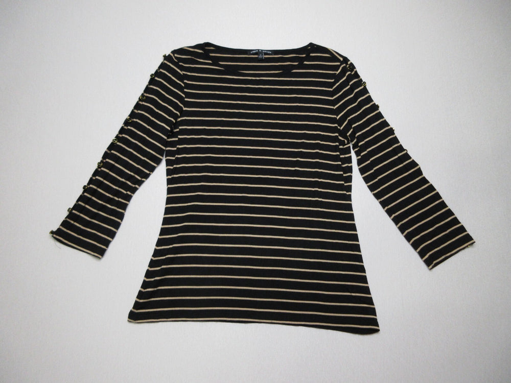 Cable & Gauge Womens Striped Round Neck Top Long Sleeve Button Size M Black