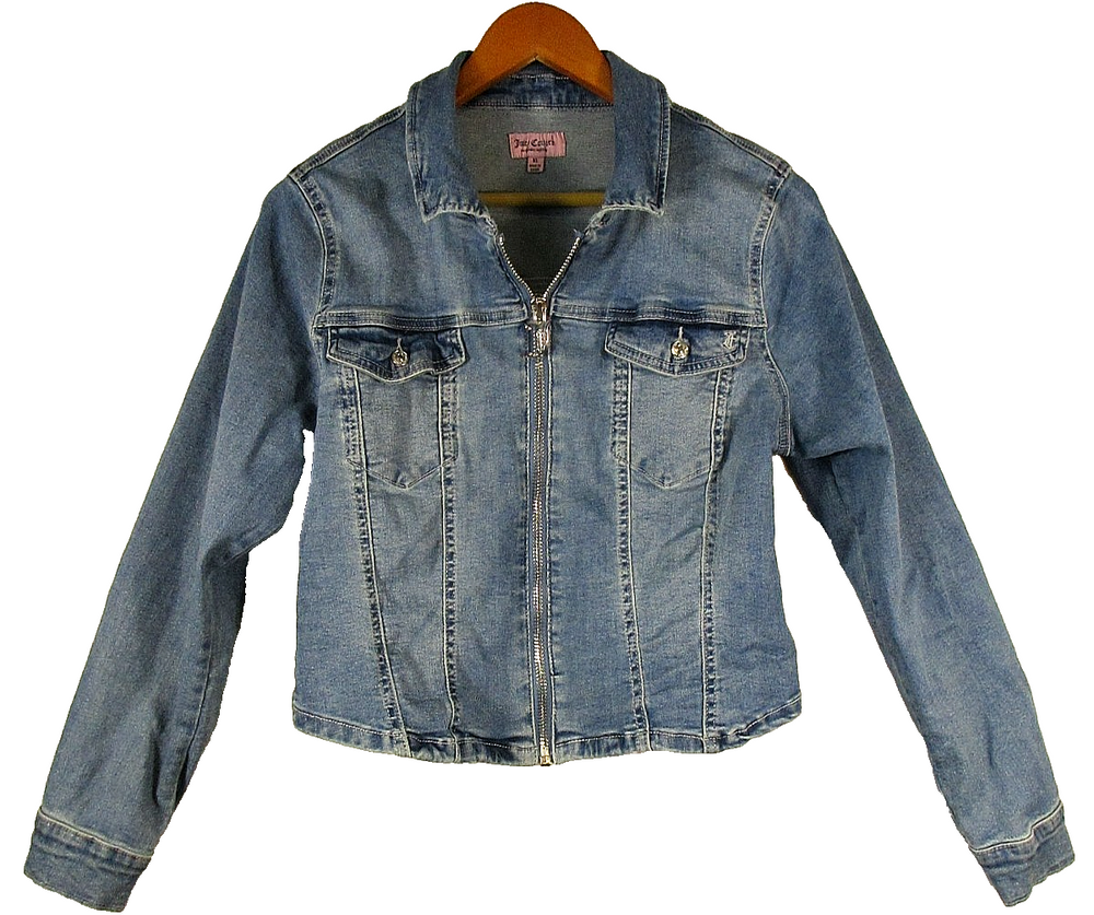 Juicy Couture Womens Zip-Up Denim Corset Trucker Jacket Pockets Size XL Blue