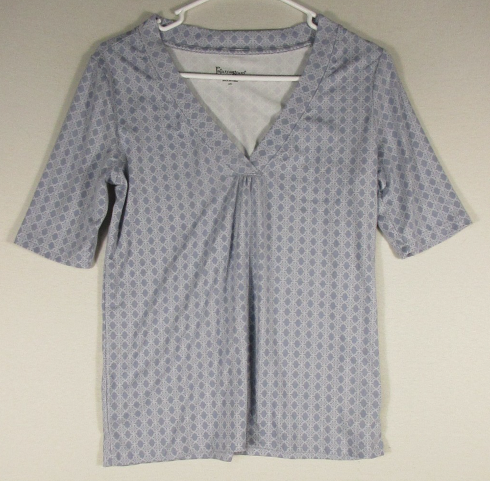 Pajamagram Womens Pull-On V-Neck Top Floral Print Short Sleeve Size S Gray