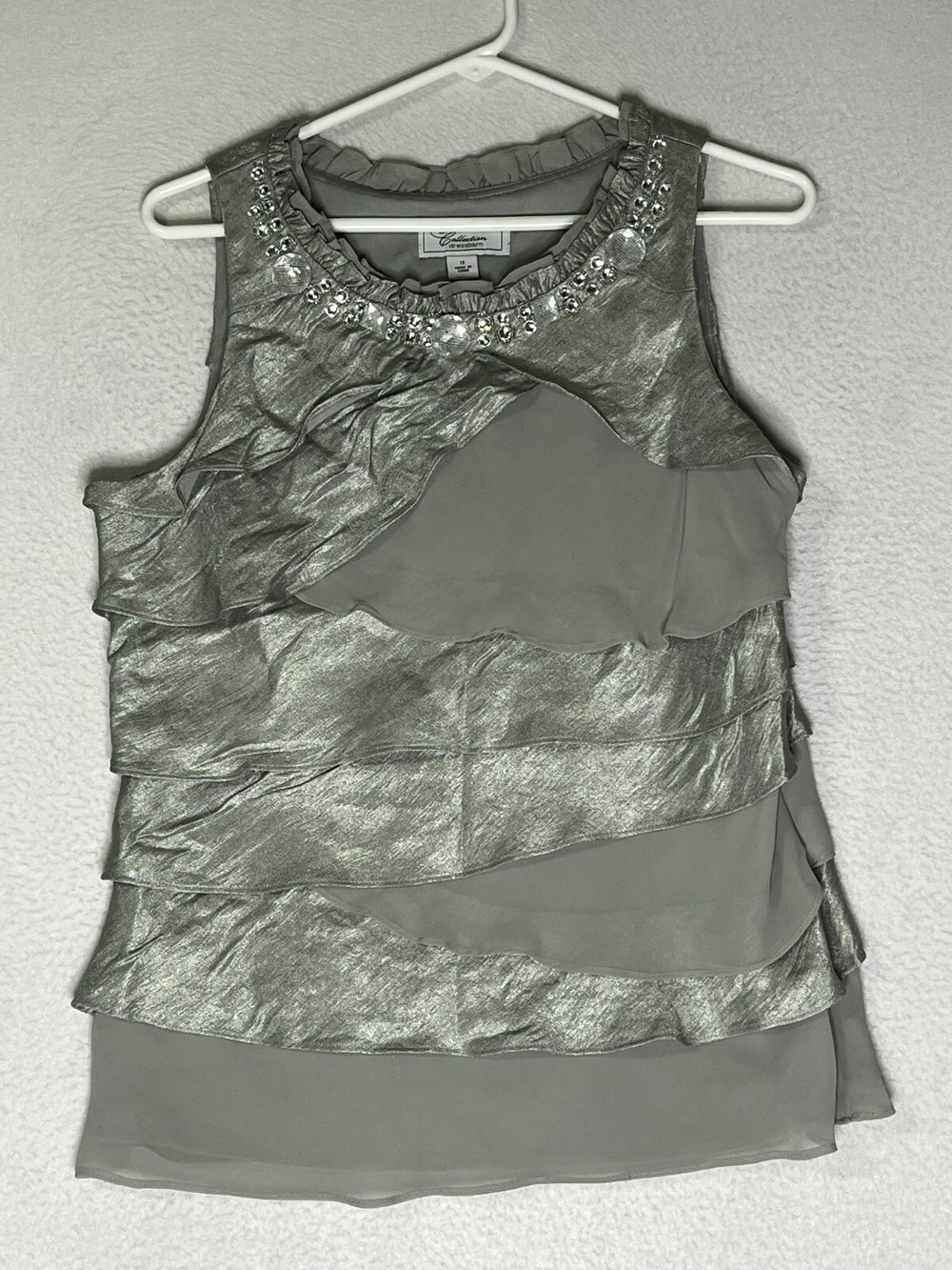 Dress Barn Collection Grey Ruffle Rhinestone Tank Zippered Side Womens Size 12