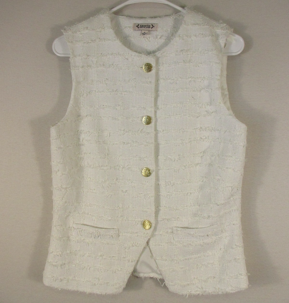 Nanette Lepore Womens Button-Up Tweed Vest Crew Neck Sleeveless Size S White