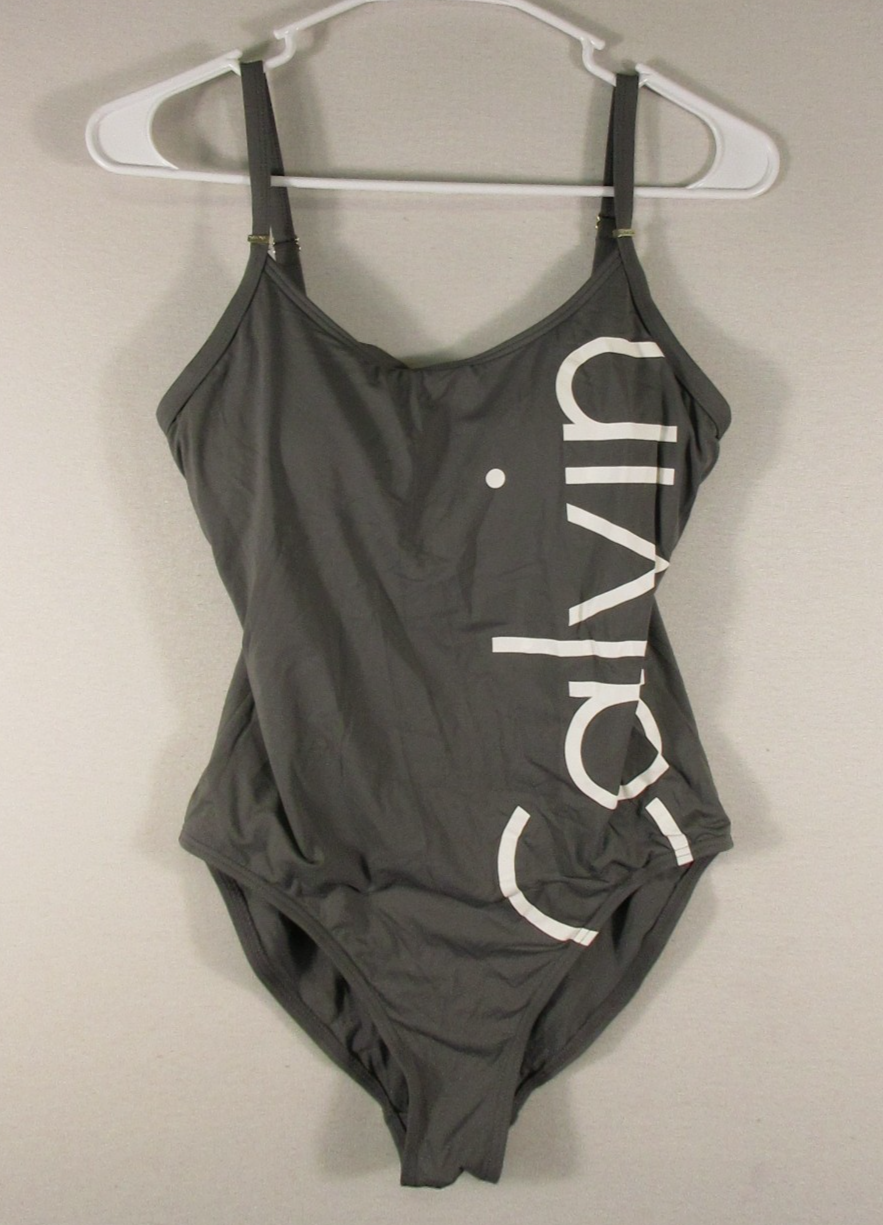 Calvin Clein Womens Logo Classic One Piece Swimsuit Square Neck Size 6 Gray