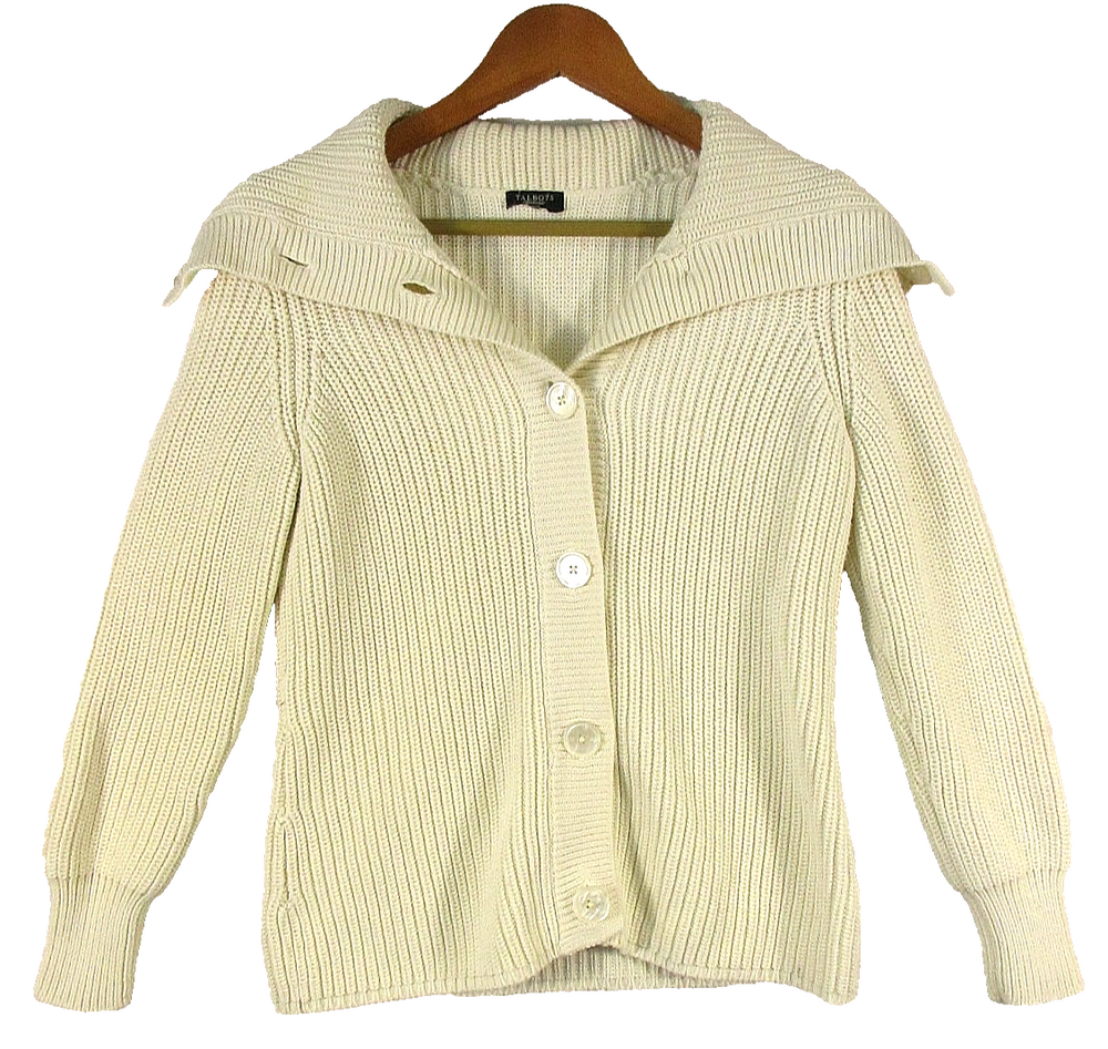 Talbots Womens Button-Up Cardigan Sweater Cable Knit Long Sleeve Size P Beige