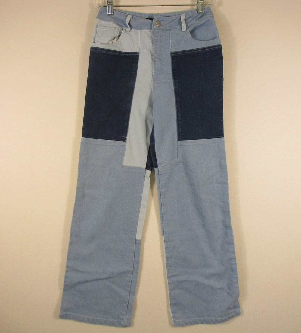 Shein Womens Stretch Denim Patchwork Jeans Straight Leg Pockets Size XS Blue