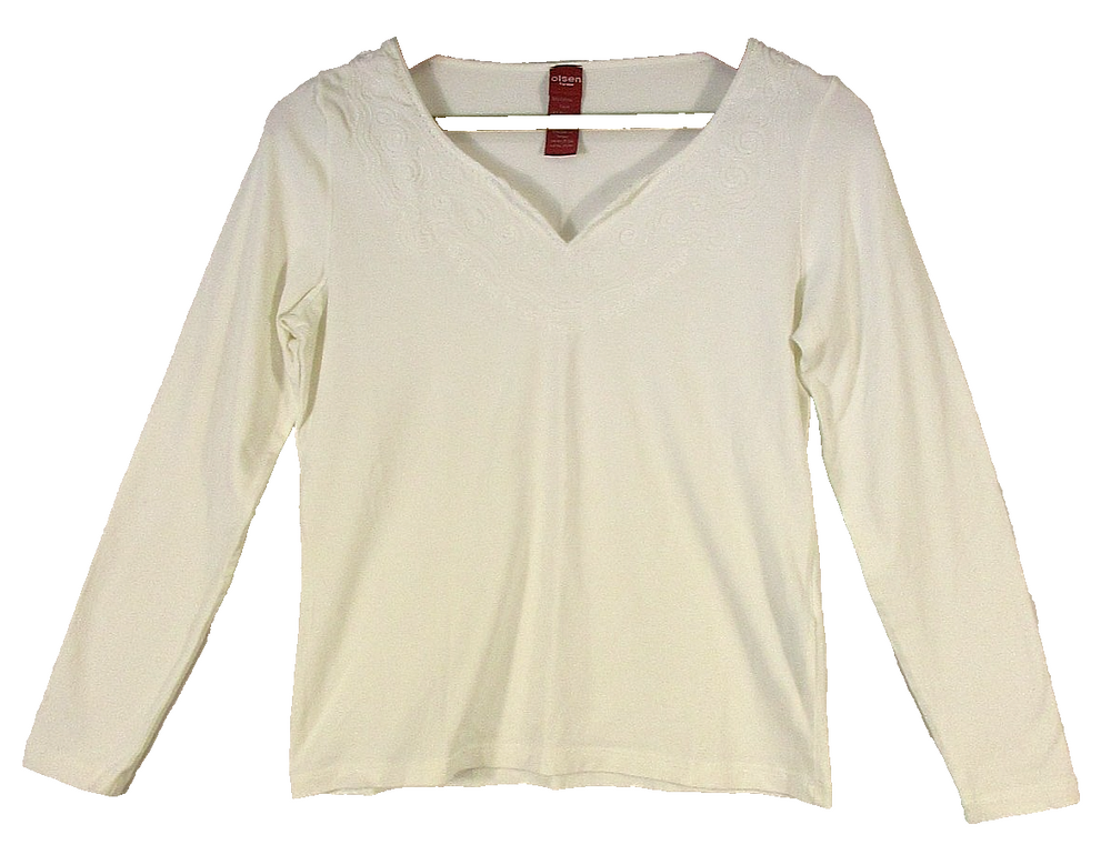 Olsen Womens V-Neck Cotton T-Shirt Top Lightweight Long Sleeve Size 6 White