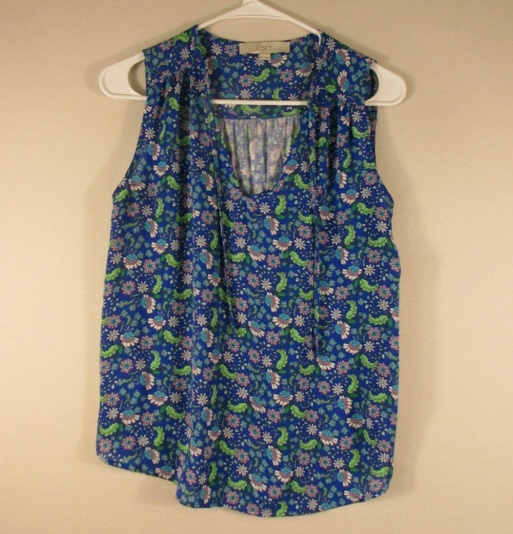 Ann Taylor Loft Womens V-Neck Floral Top Blouse Sleeveless Size S Blue