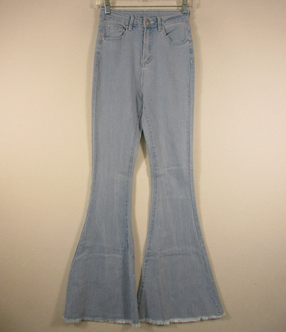 Shein Womens Stretch Denim Flare Jeans Frayed Hem Pockets Size XS Blue