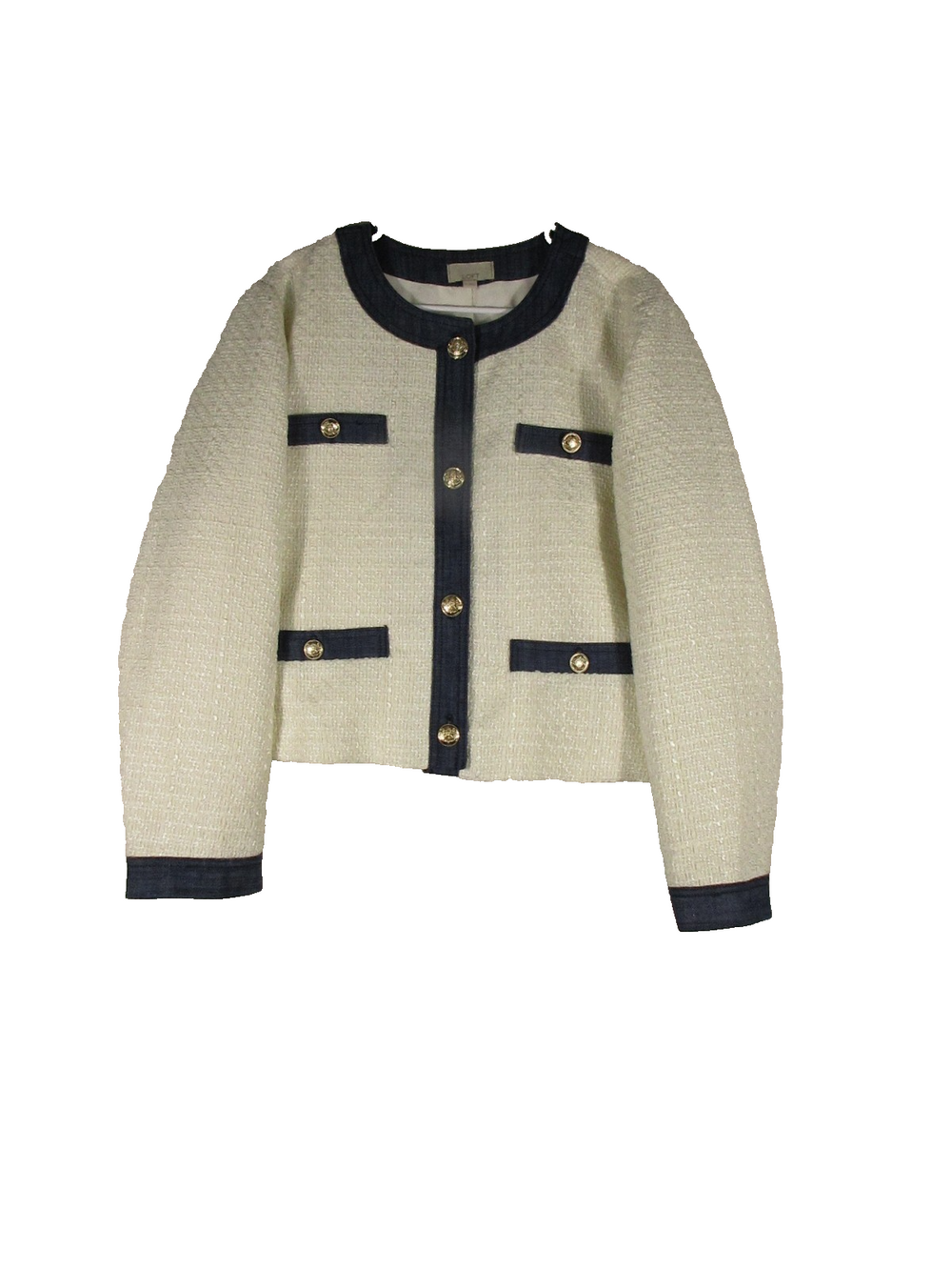 Loft Womens Button-Up Crew Neck Tweed Jacket Long Sleeve Pockets Size XL Cream