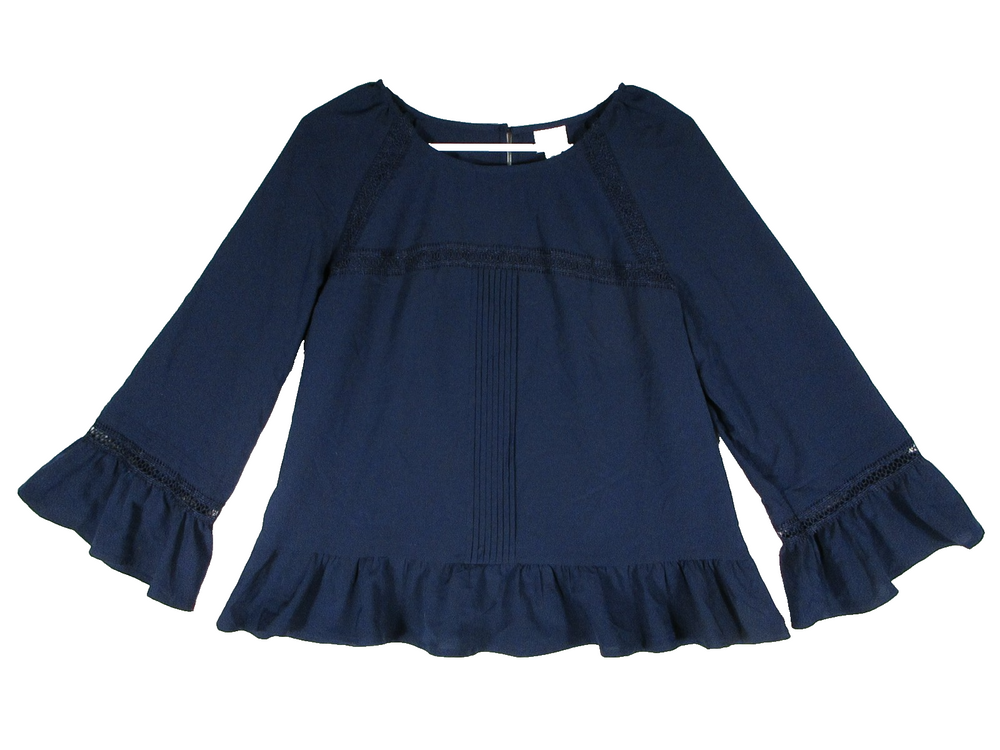 A New Day Womens Pullover Top Ruffle Hem Long Sleeve Crew Neck Size S Blue