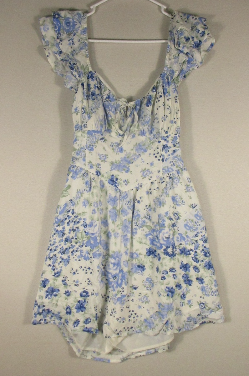 Hollister Womens Floral Mini Dress Tie Waist Flutter Sleeve Size L Petite White