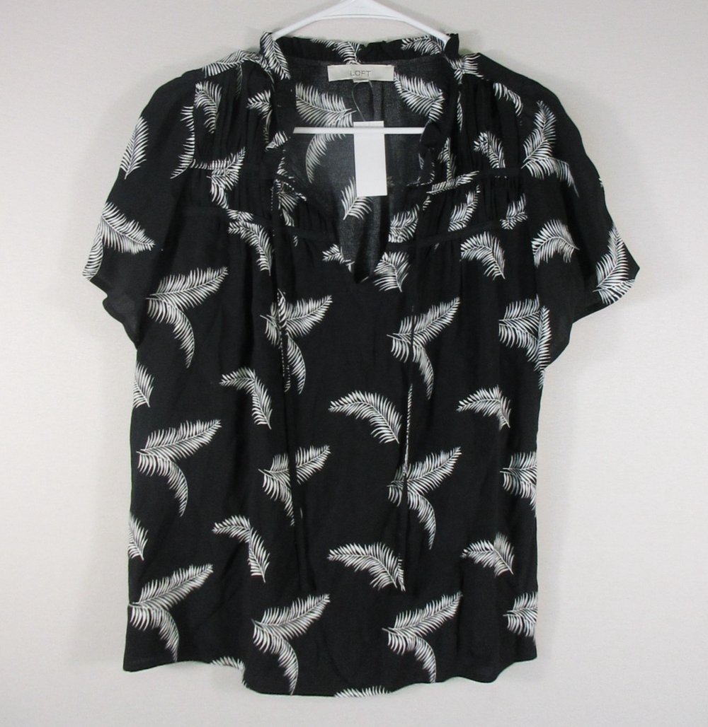 Ann Taylor Loft Womens Tie Neck Blouse Leaf Print Short Sleeve Size S Black