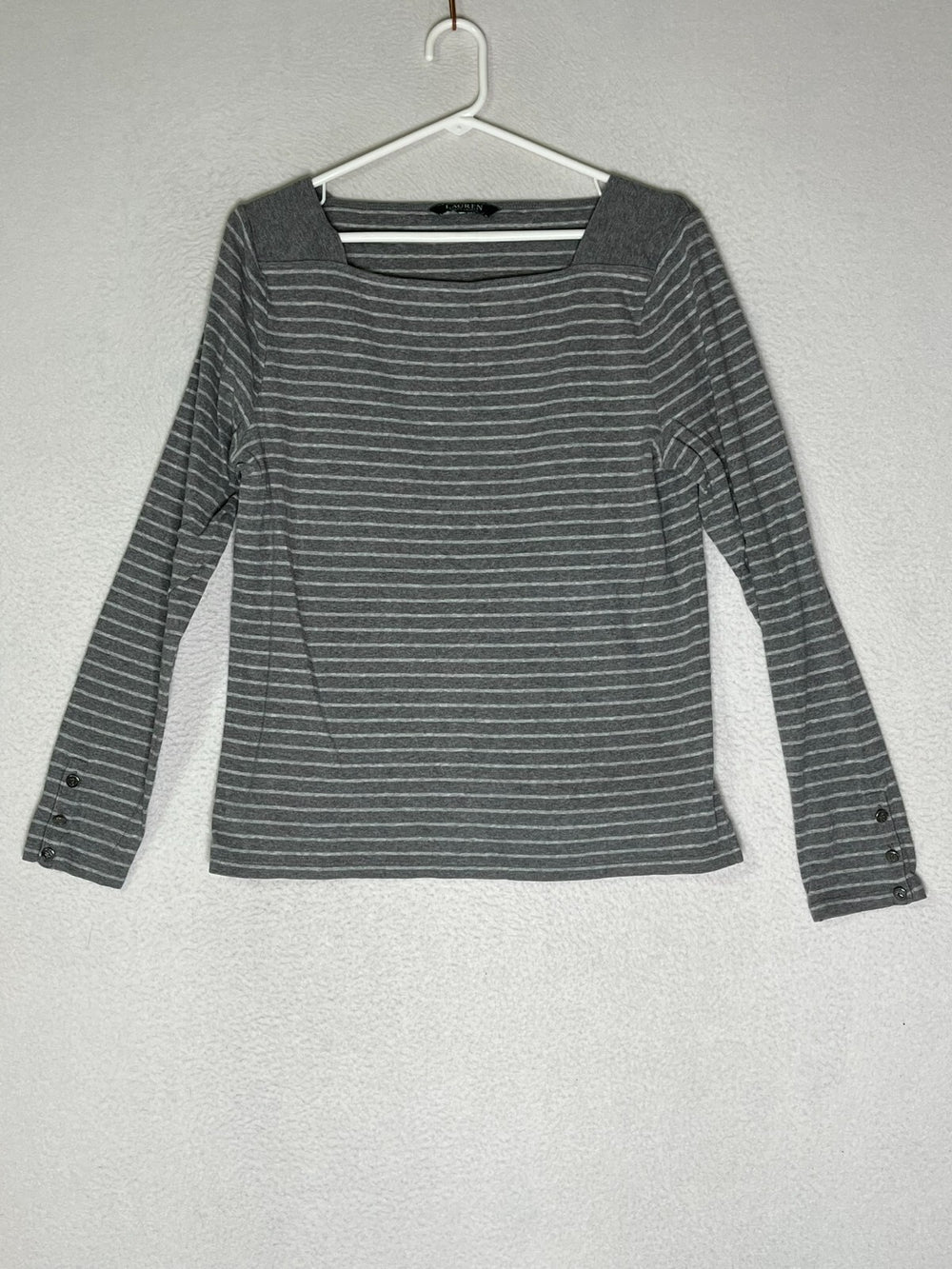 Lauren Ralph Lauren Grey White Striped Square Neck Top Long Sleeves Womens Large