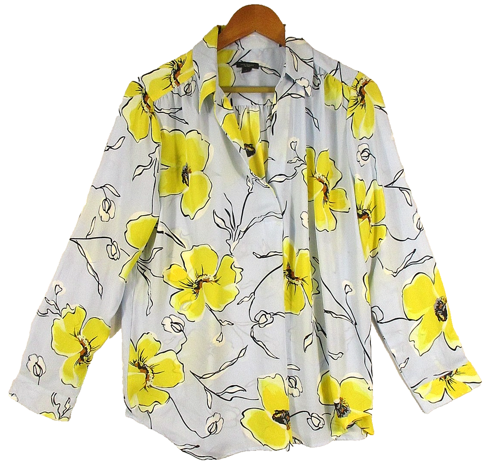 Ann Taylor Factory Womens Button-Up Floral Blouse Long Sleeve Size L Gray/Yellow