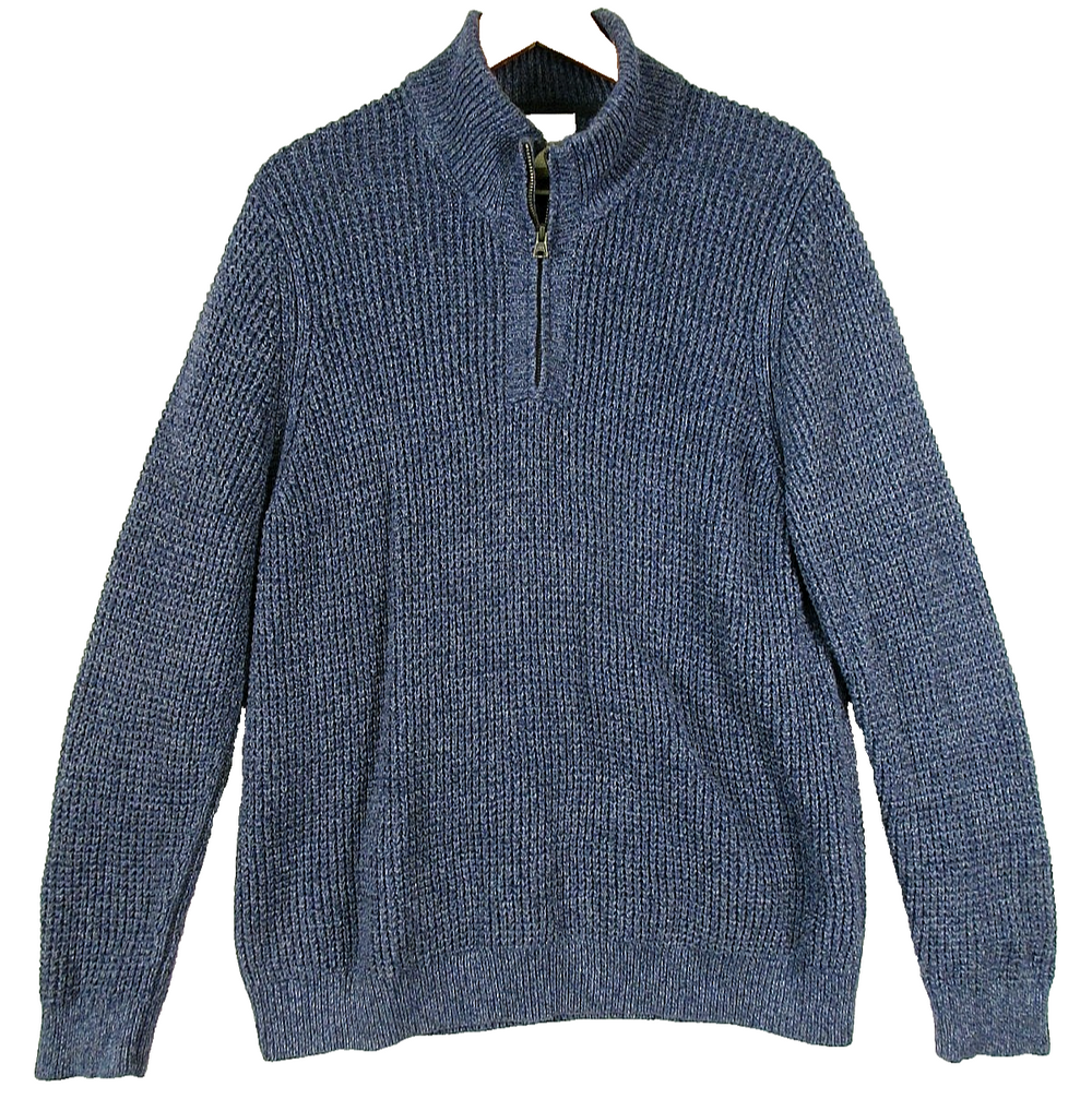 L.L.Bean Mens Zip-Up Waffle Knit Sweater Mock Neck Long Sleeve Size L Blue