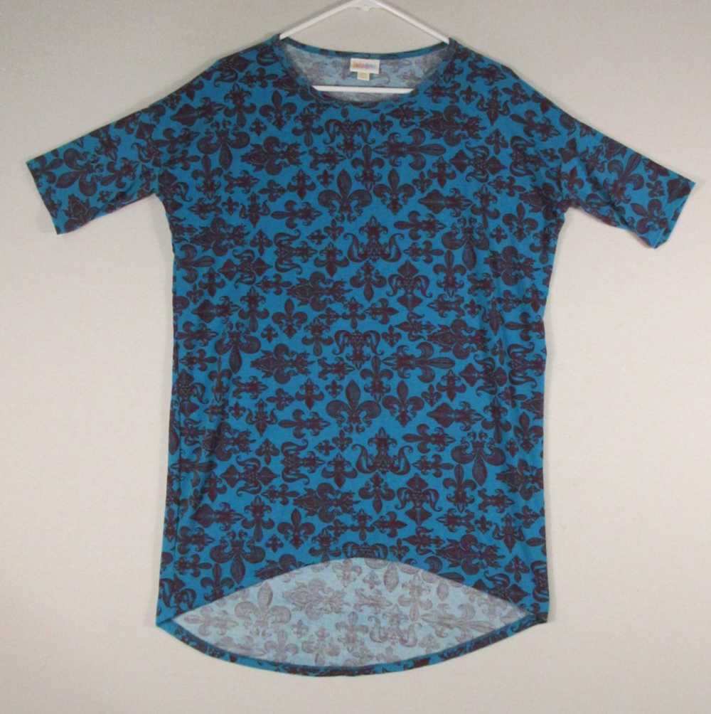 LulaRoe Womens Irma Printed Hi-Low Tunic Top Short Sleeve Size XXS Blue