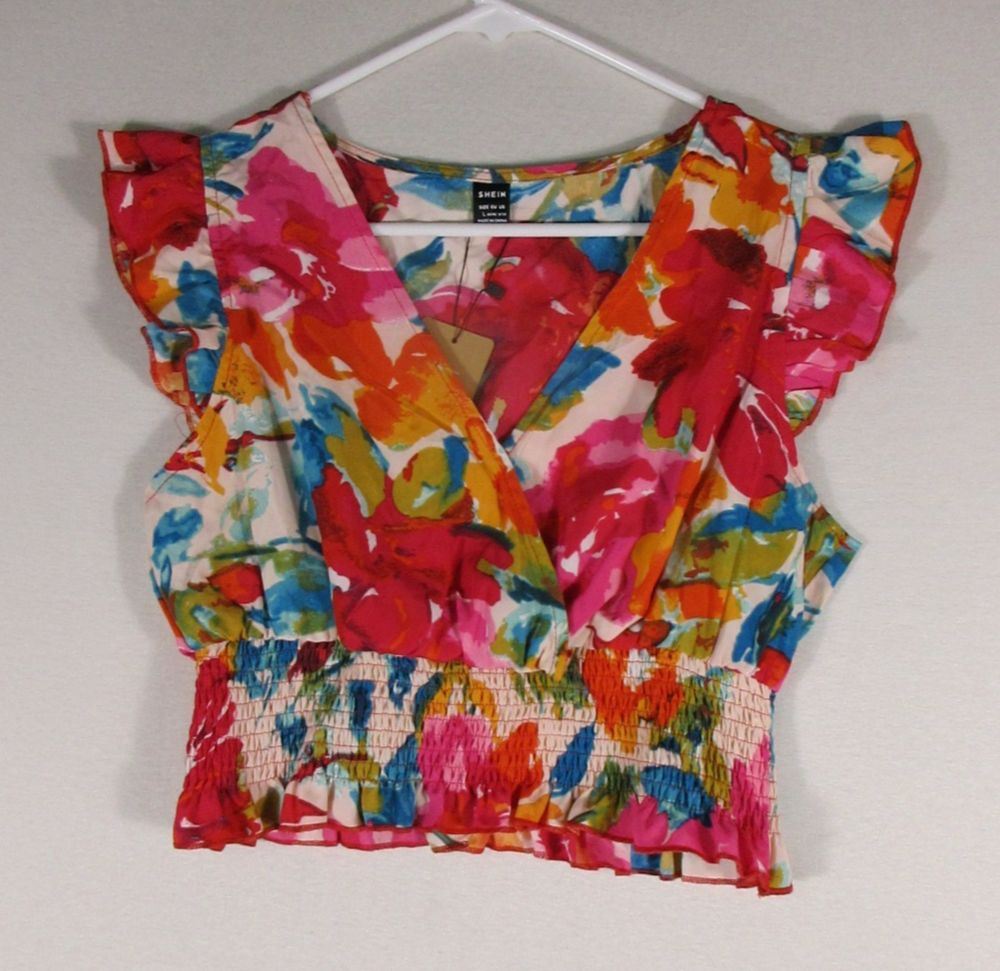 Shein Womens Loose Fit Casual Colorful Flower Print Top V-Neck Size L