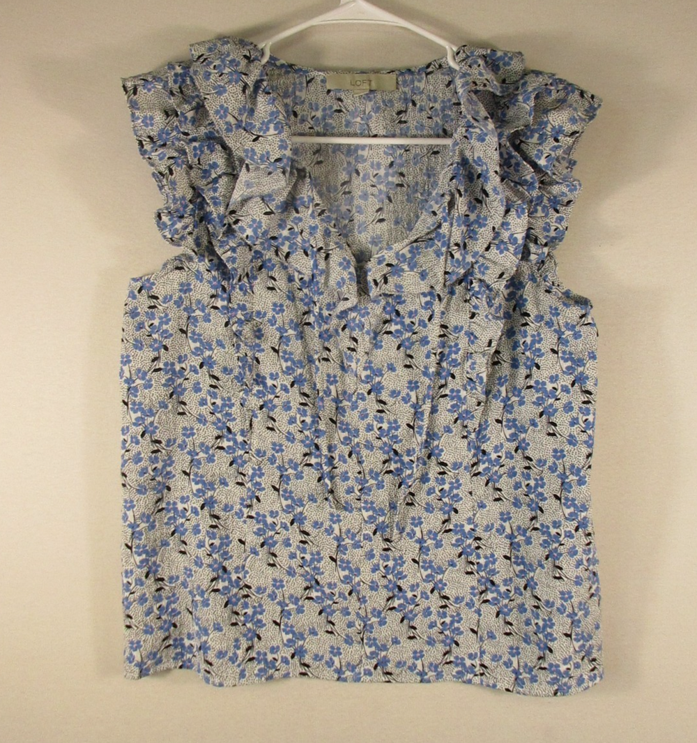 Ann Taylor Loft Womens V-Neck Floral Blouse Ruffle Sleeve Size S Multicolor
