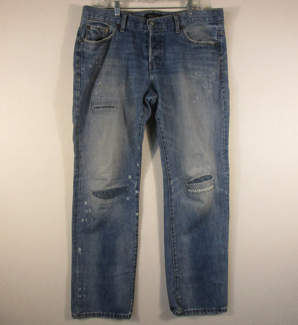 Aeropostale Mens High Waist Straight Jeans Stretch Distressed Size 34/34