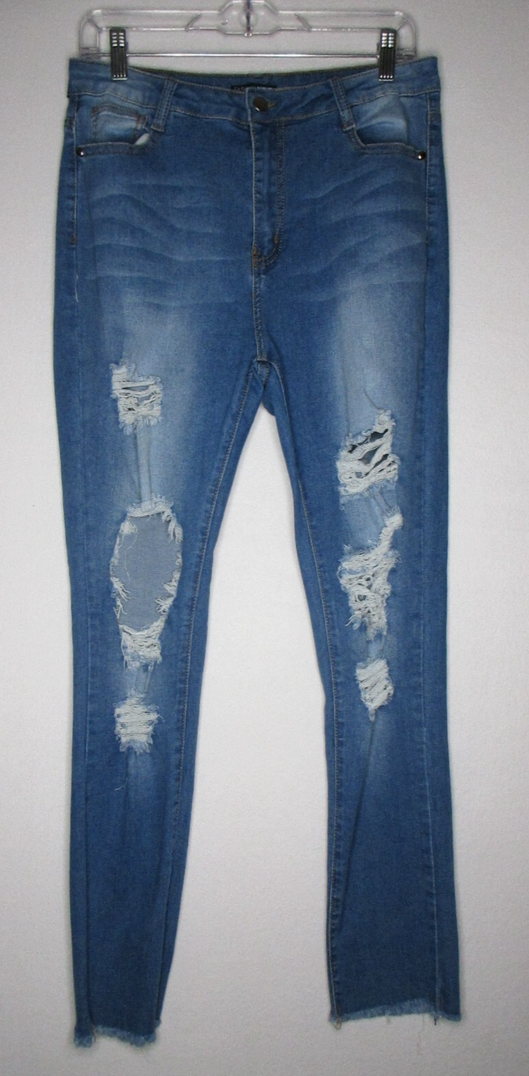 Fashion Nova Womens Distressed Super Skinny Jeans High Rise Size 31 Blue