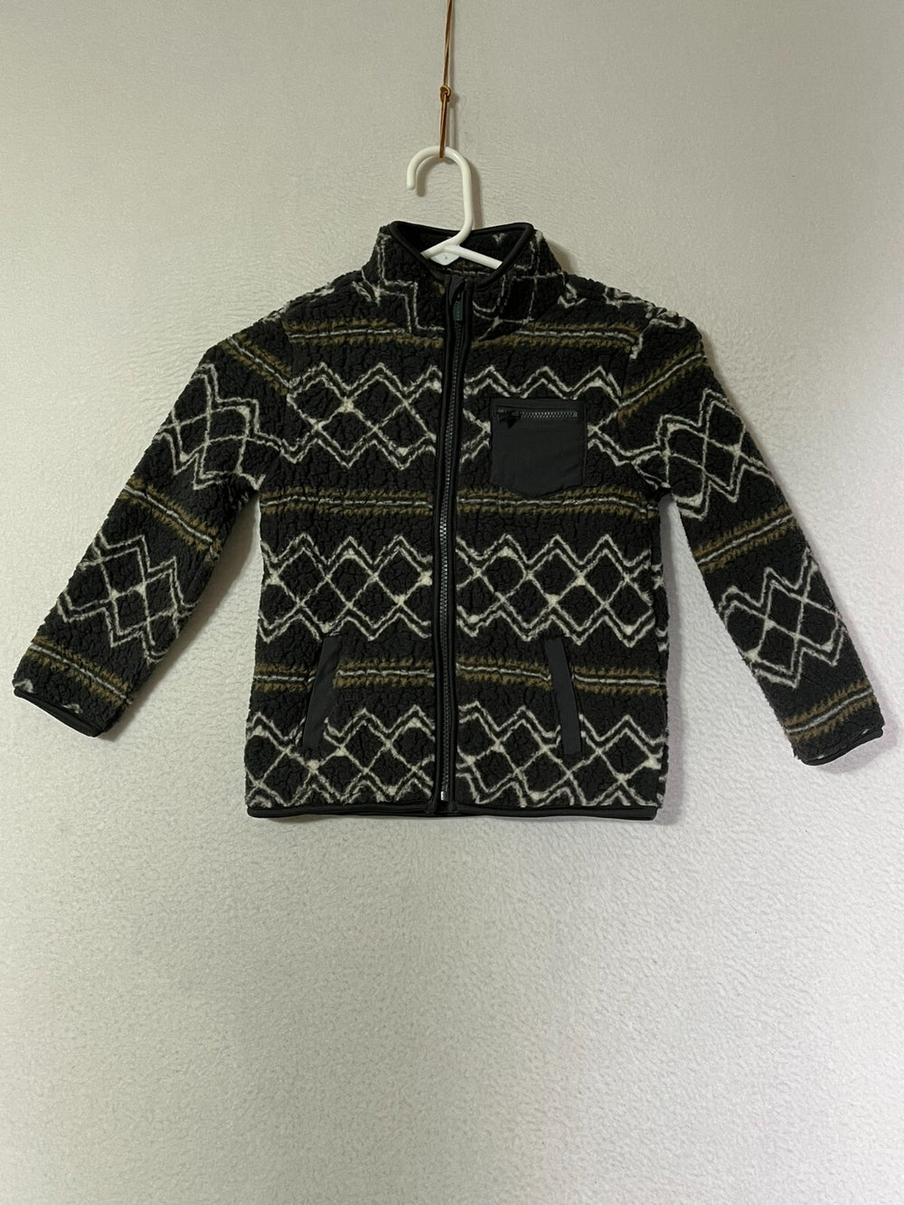 Old Navy Gray White Aztec Print Fleece Sherpa Jacket Zipper Pockets Kids Size 5T