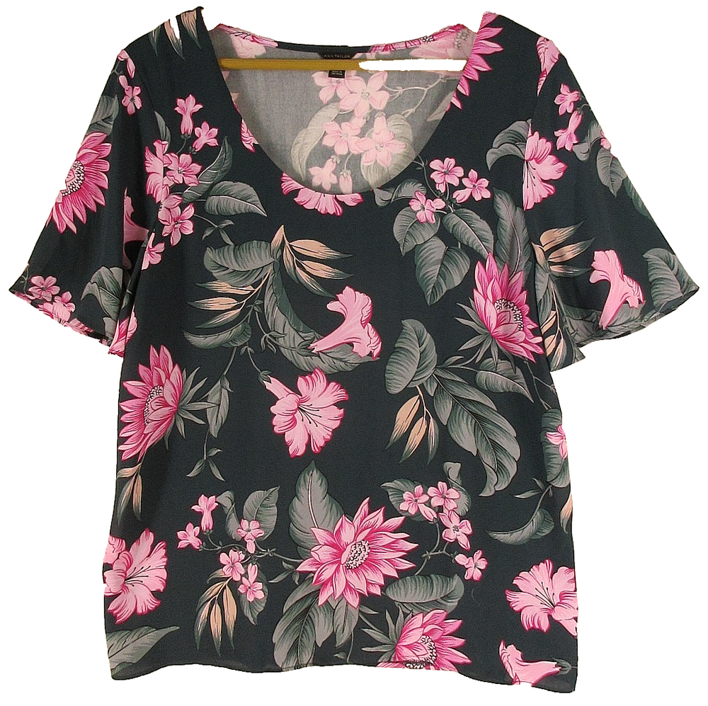 Ann Taylor Womens Pullover Scoop Neck Blouse Floral Print Short Sleeve Size L Bl