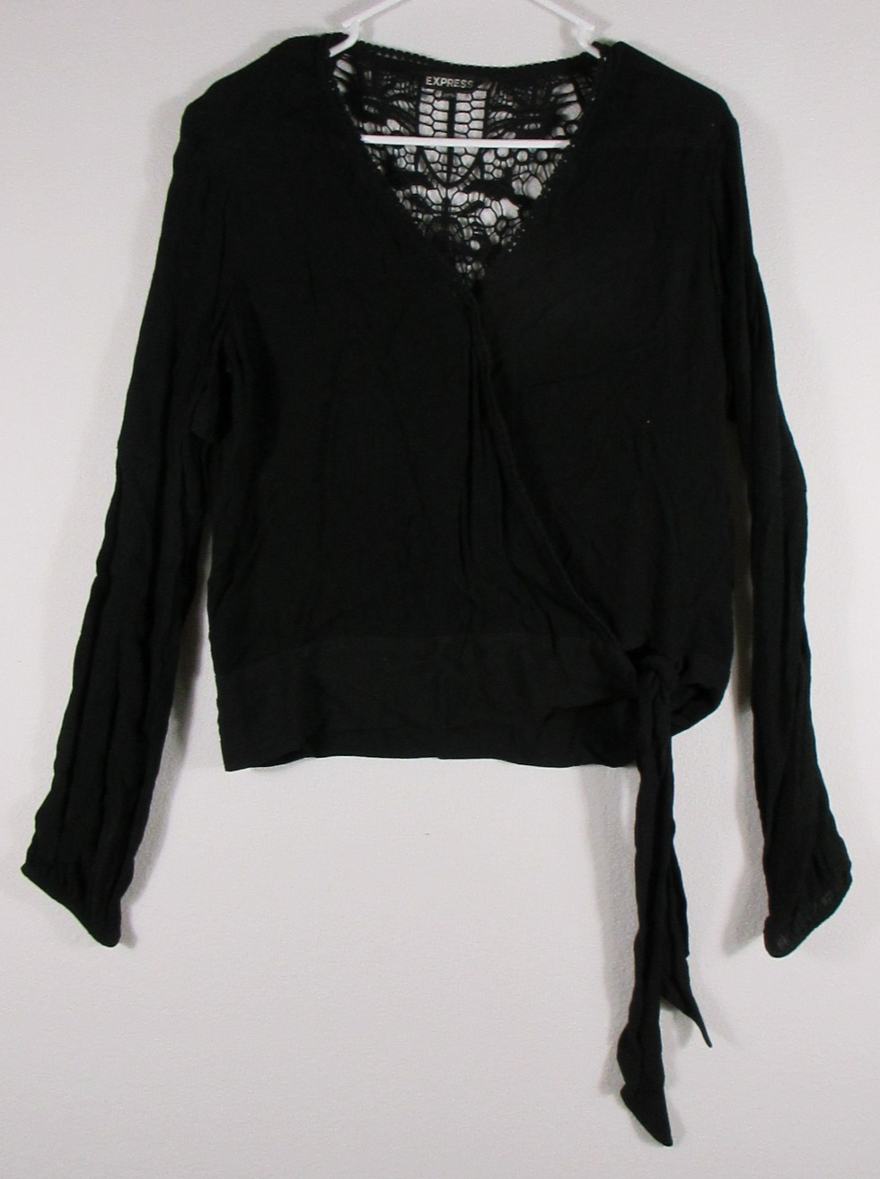 Express Womens Wrap Blouse Long Sleeve V-Neck Hem Tie Size S Black