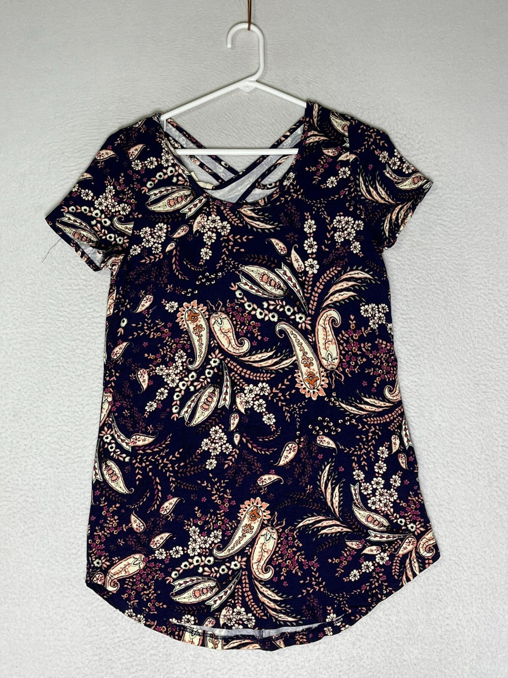 BE Stage Navy Cream Paisley Tunic Blouse Top Cross Back Straps Womens Size Small